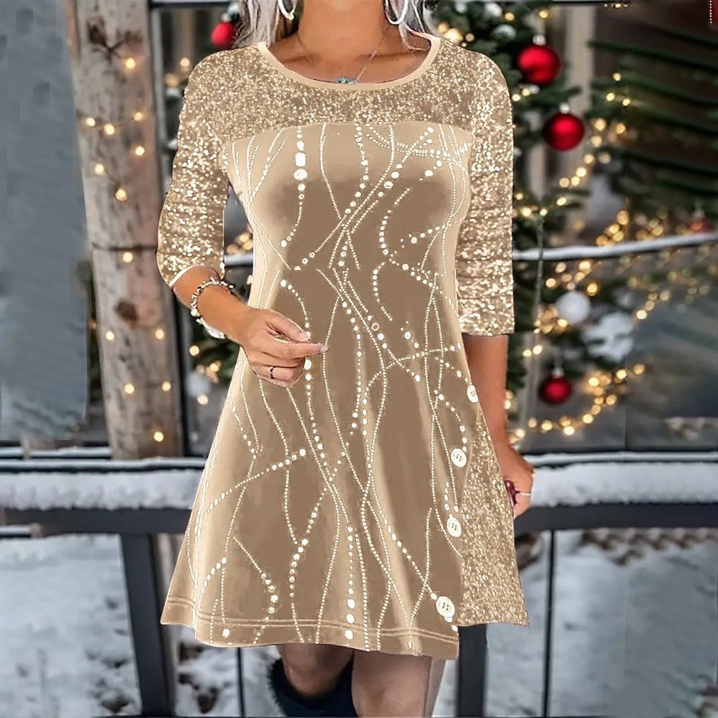 Sequined Patchwork Shining Fashion Women's Casual Spring Autumn Y2K Tunic Long Sleeve Dress