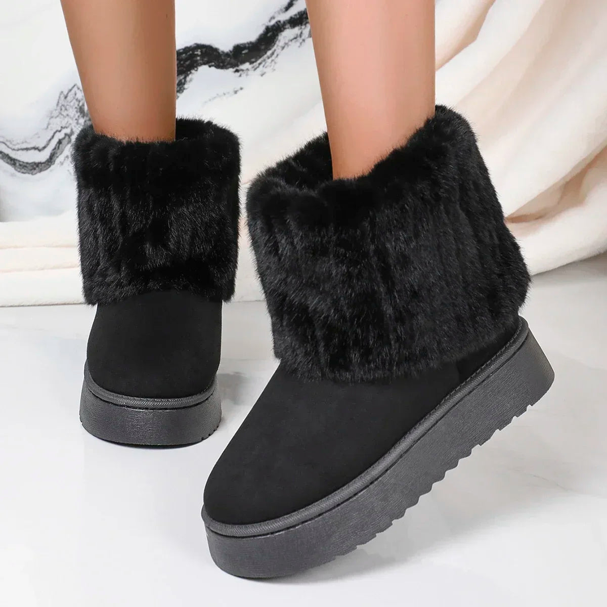 Fashion Women Round Toe Warm Thickened Plush Winter Beige Mid-calf Boots Thick Sole Casual Comfortable Anti-slip Women Snow Boot