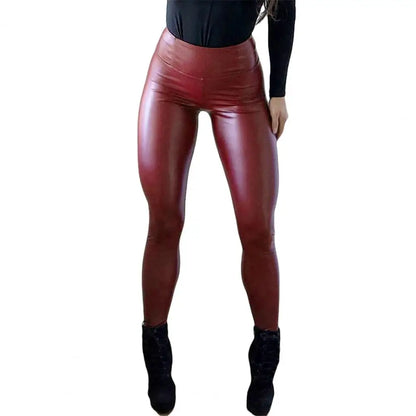 Faux Leather Sexy High Waist Solid Full Length Straight Pencil Bodycon Pants