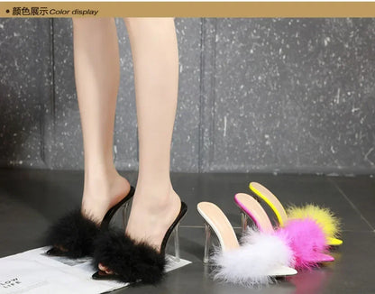 Feather decorated sexy Thin high heel peep toe pointed fashion party High Heel