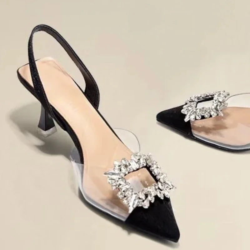 Fashion Ankle-wrap Summer Pointed Toe Solid Shiny Diamond Noble Low Heel Pumps