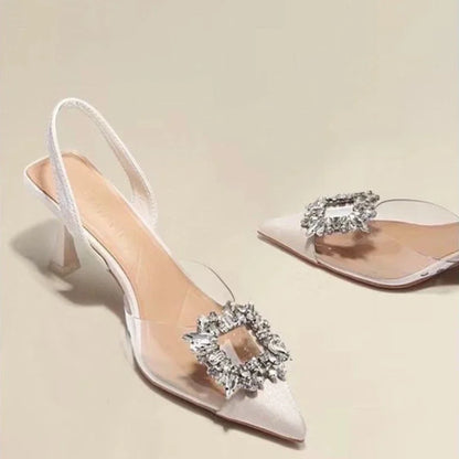 Fashion Ankle-wrap Summer Pointed Toe Solid Shiny Diamond Noble Low Heel Pumps