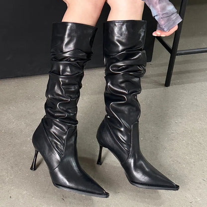 Female Slip On Pleated Modern Fashion Pointed Toe Thin Heels Autumn Winter Knee High Boots