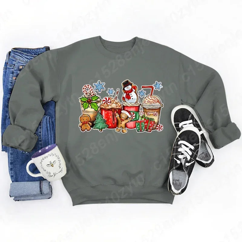 Vintage Style Christmas Hoodie - Festive Beverage Print Casual Fashion