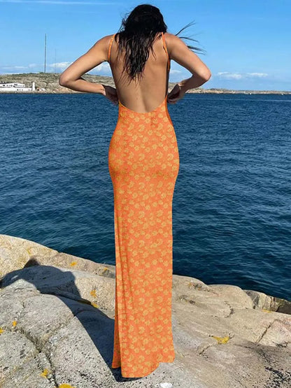 Flower Print Sleeveless Backless Sexy Maxi Spring Elegant Concise Midi Dresses