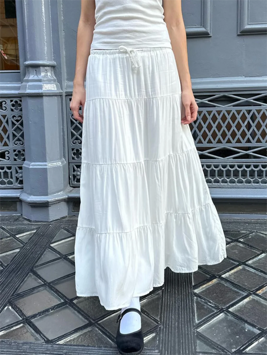 Folds Lace-up White Maxi Skirts Woman Summer High Waist A-line Loose Faldas Casual Sweet Simple Preppy Style Cute Long Skirt