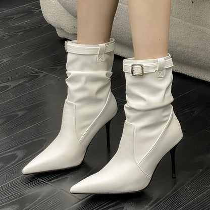 Buckled Pointed Toe Elastic Stretch Heeled Designer Ankle Boot