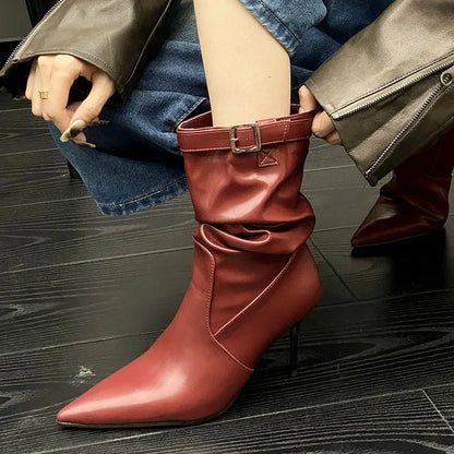 Buckled Pointed Toe Elastic Stretch Heeled Designer Ankle Boot