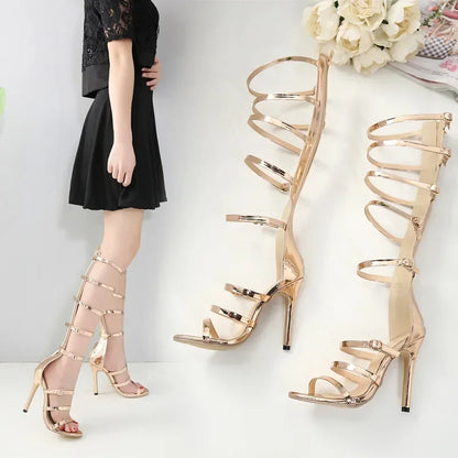 Elegant Golden 12Cm Thin High-heeled Peep Toe Narrow Band Hollow Buckle High Heel