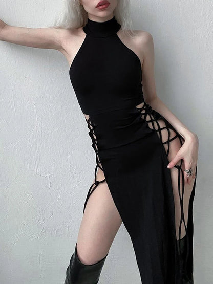 Gothic Dark High Split Sexy Bandage Halter Slim Grunge Y2K Partywear Dress