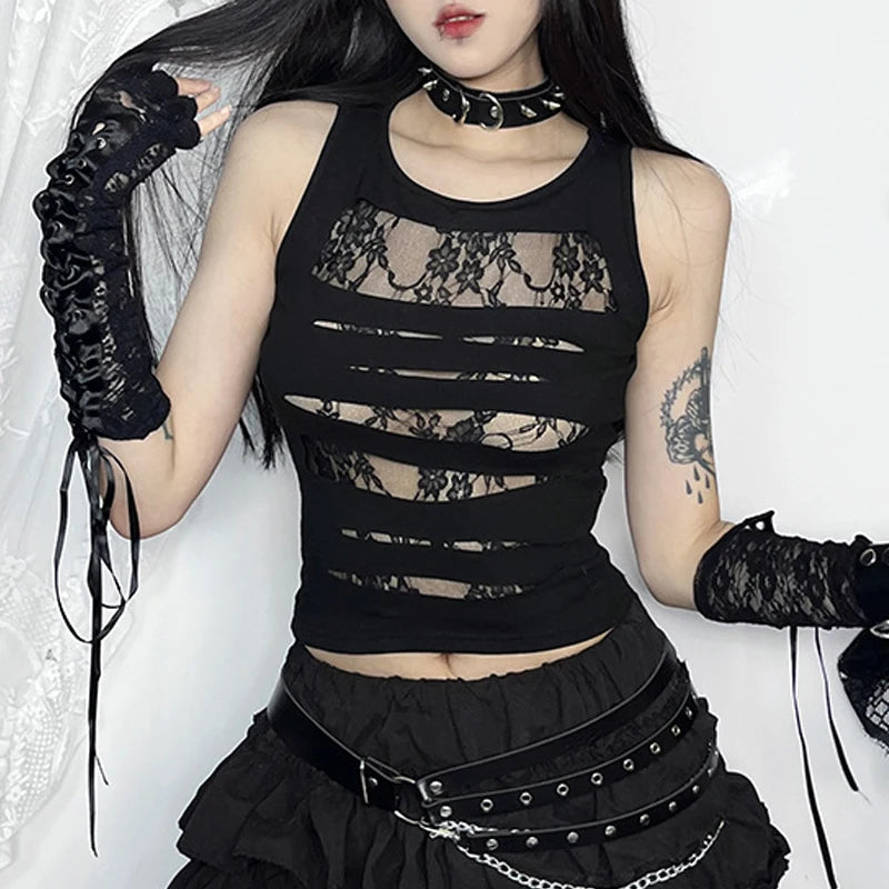 Dark Cut Out Sexy Grunge Punk Mall Gothic Splice Lace Techwear Bodycon Crop Top