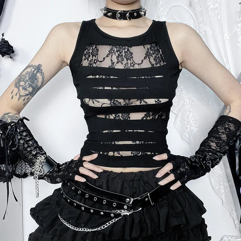 Dark Cut Out Sexy Grunge Punk Mall Gothic Splice Lace Techwear Bodycon Crop Top