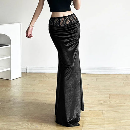 Goth Dark Elegant Mall Gothic Velvet Trumpet Y2k Partywear Lace Patchwork Sexy Long Skirt