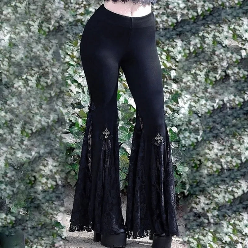 Goth Dark High Waist Long Gothic Lace Patchwork Flare Grunge E-girl Pants