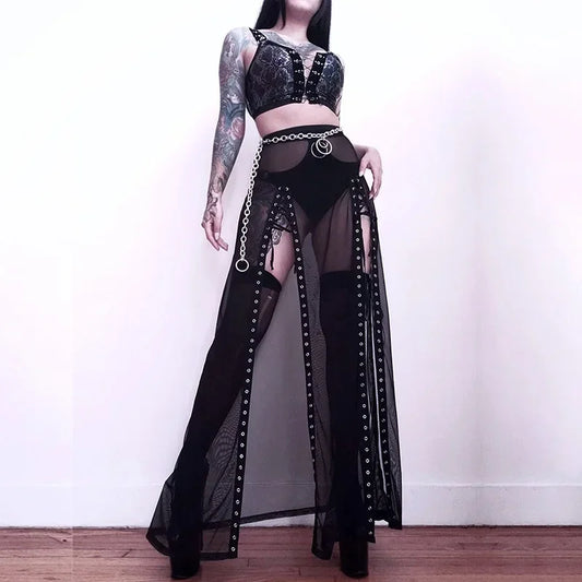 Goth Mesh Perspective Side Slit Lace Up Dark Aesthetical Summer Skirt