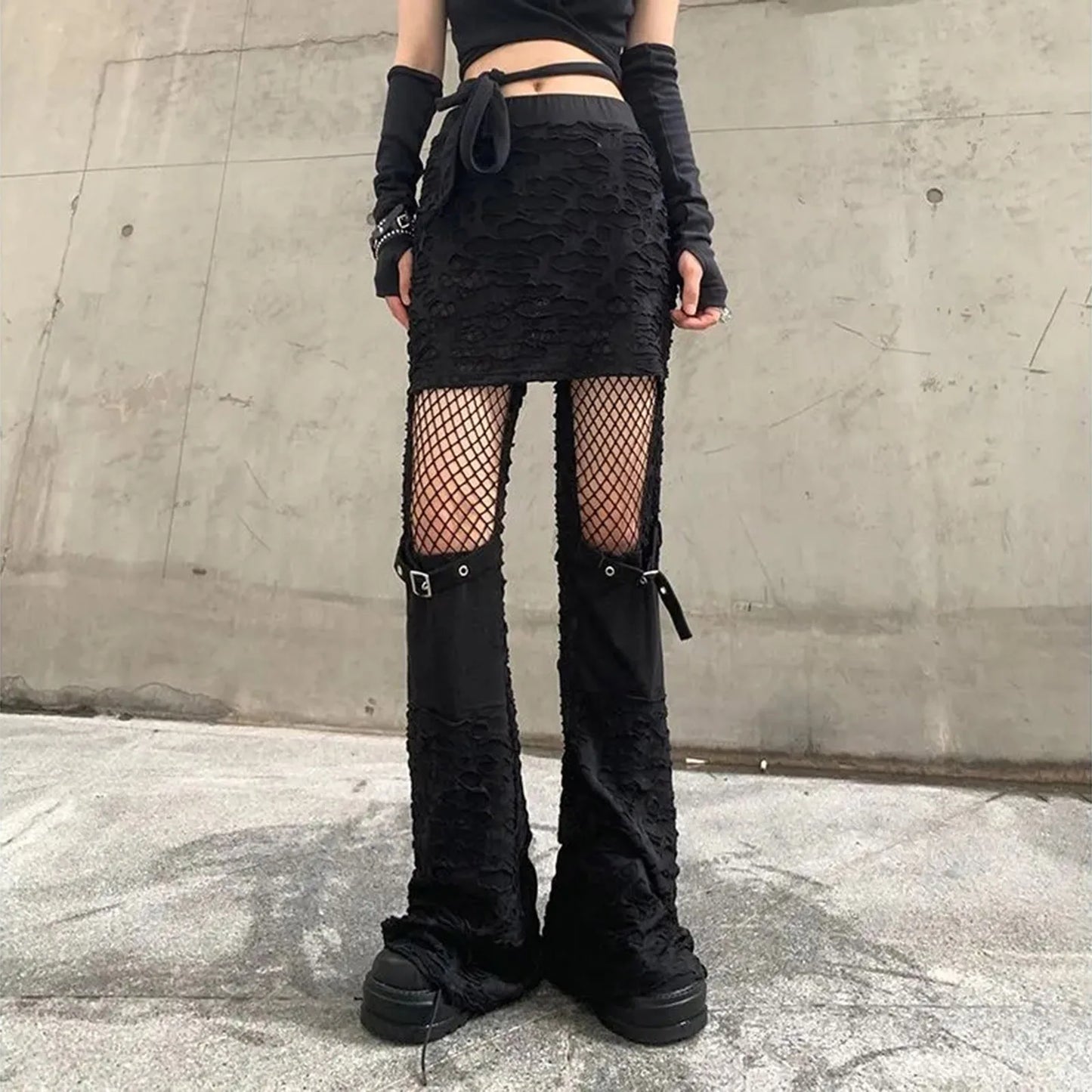 Gothic Flare Fishnet Patchwork Bandage Wide Leg Summer Punk Baggy Pants