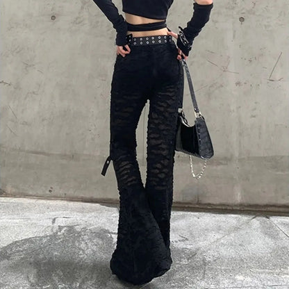 Gothic Flare Fishnet Patchwork Bandage Wide Leg Summer Punk Baggy Pants