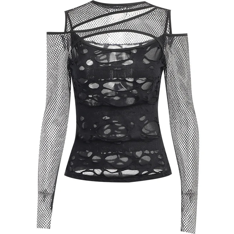 Gothic Mesh Hole Slim Fit Fishnet Sheer Mock Neck Cut Out Rave See Through Crop Top