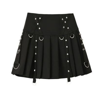 Gothic Diablo Harajuku Personality Spice Rivet Metal Buckle Streamer Low Waist A Version Short Pleated Skirt