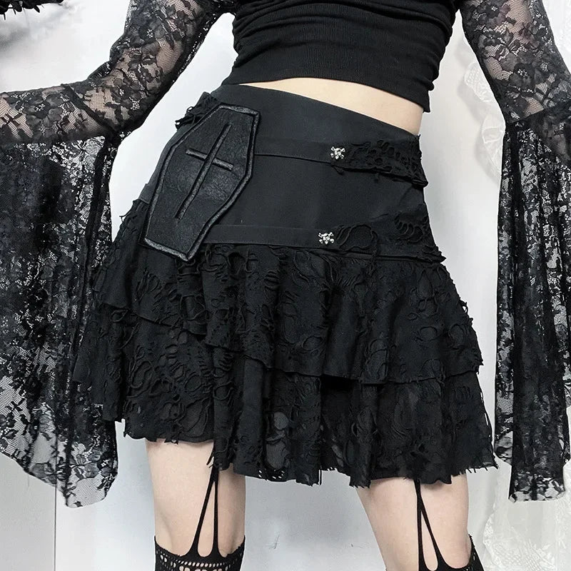 Gothic Style Sexy Lace Cake for Summer 2024 Women with Versatile Ripped Hole Fabric Skirt