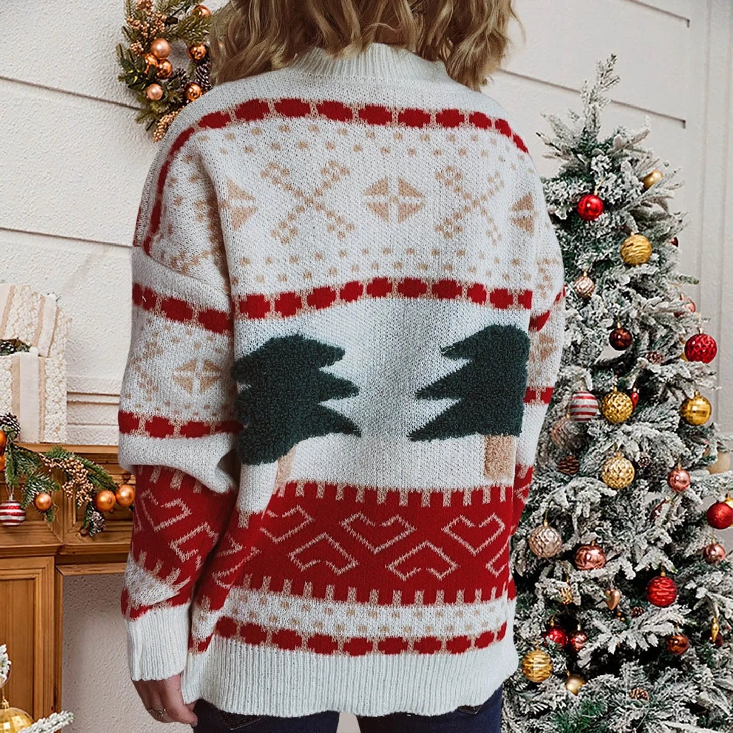 Green Christmas Sweater with Tree Embroidery - Casual Loose Retro Style