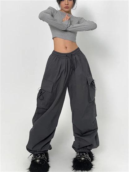 Cyber Y2K Red Parachute Hip Hop Cargo Oversized Punk Wide Leg Pant