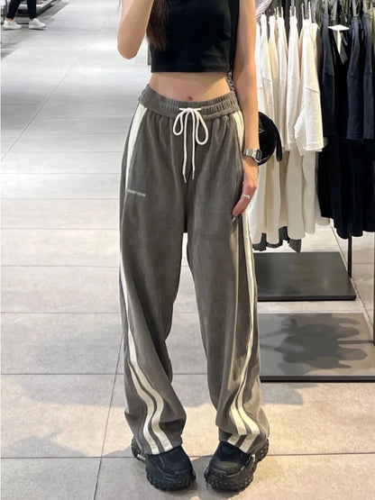 Harajuku Gray Corduroy Side Striped Baggy Jogger Wide Leg Pant