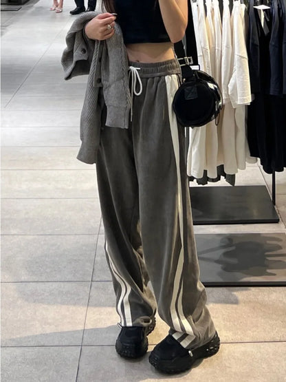 Harajuku Gray Corduroy Side Striped Baggy Jogger Wide Leg Pant