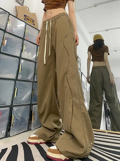 Hippie Khaki Baggy Drawstring Wide Leg Sports Oversized Jogging Pant