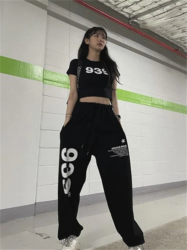 Korean Fashion Letter Print Joggers Black Oversized Wide Leg Punk Pant