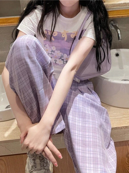 Purple Plaid Women Kawaii Soft Girl Oversize Wide Leg Checked Pant