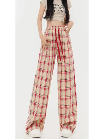 Red Plaid Women Y2K Korean Style Oversize Checked Baggy Sweatpants