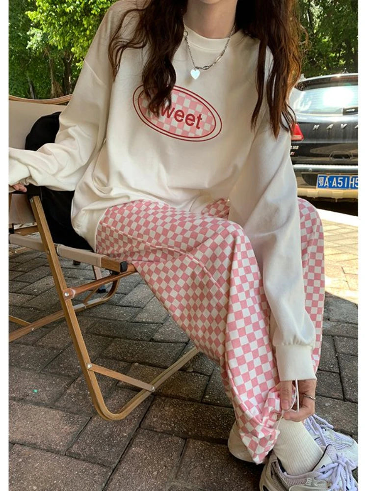 Pink Plaid Women Korean Fashion Oversized Jogging Pant