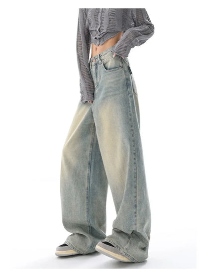 Retro Distressed Blue Baggy Women Y2k Grunge Wide Leg Denim Pant