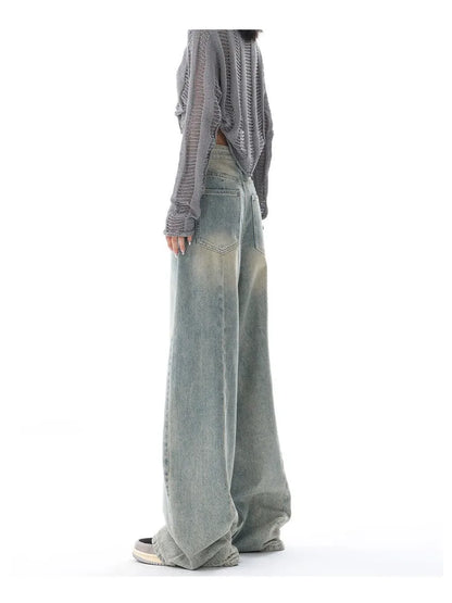 Retro Distressed Blue Baggy Women Y2k Grunge Wide Leg Denim Pant