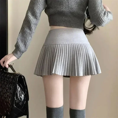 Woolen Pleated Cute Sexy High Waist A-line Patchwork Vintage Skirt