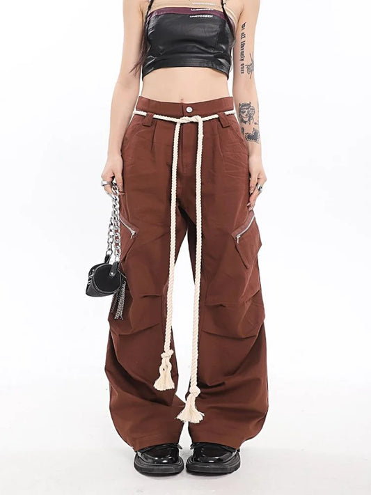 Y2K Vintage Brown Cargo Parachute Kpop Pink Wide Leg American Retro Pant