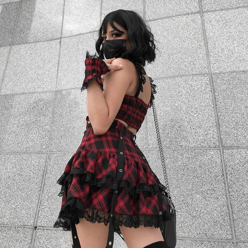 Harajuku Plaid Gothic Girl High Waist Plaided Lolita Mini Sets Japanese Fashion Streetwear Skirt