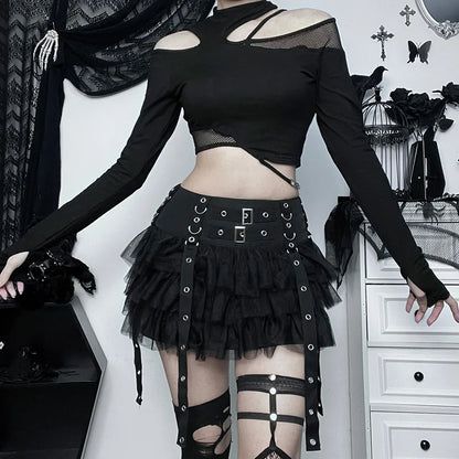 Harajuku Gothic Dark Women CyberY2k E-girl Streetwear Hip Hop Eyelet Ribbons Mesh Patchwork Cake Skirt