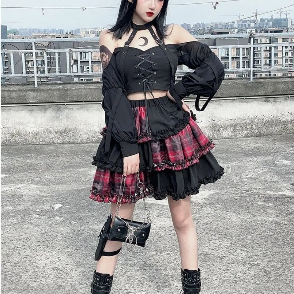 Harajuku Two-dimensional Dark Petticoat Cosplay Red Plaid Stitching High Waist A-line Spice Girl Rock Skirt