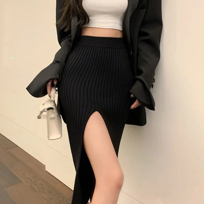 High Waist Knitted Elastic Temperament Thin Sexy Split Slim Skirt