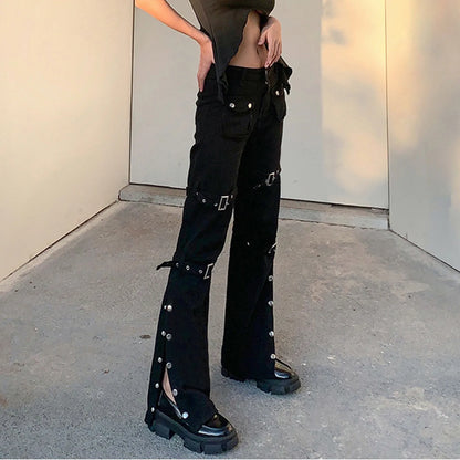 Hippie Cool Straight Punk Trendy Metal Buckle Side Split Black Belted Pants