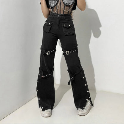 Hippie Cool Straight Punk Trendy Metal Buckle Side Split Black Belted Pants