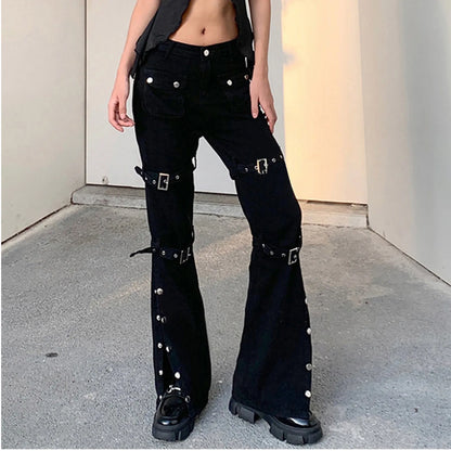 Hippie Cool Straight Punk Trendy Metal Buckle Side Split Black Belted Pants