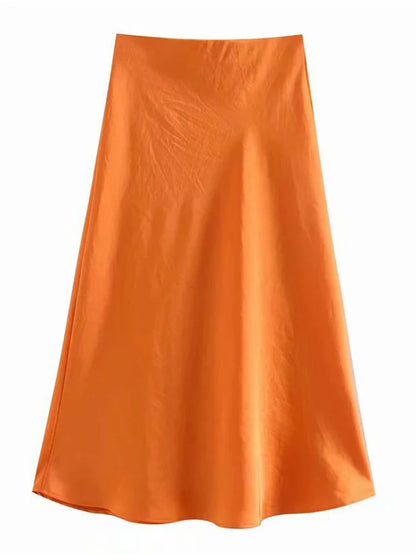 Solid Satin Elastic Waist Summer Slim A-Line Skirt