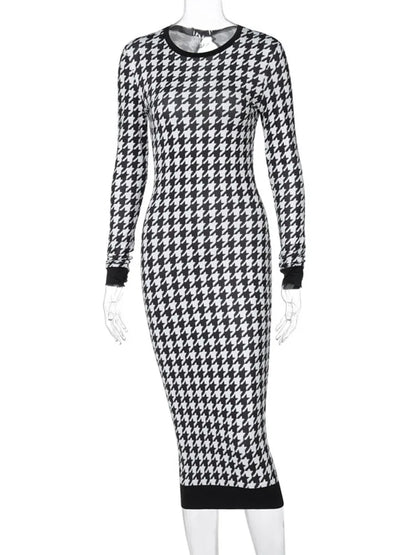 Houndstooth Long Sleeve Hollow Out Bodycon Sexy Autumn Winter Club Elegant Slim Midi Dresses