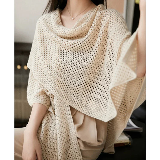 Solid Knitted Loose Office Shawl Hollow Cardigan Cape Sweater