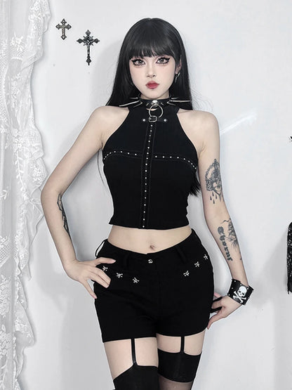 Gothic Sexy Punk Black Knit Bodycon Summer Darkness Harajuku Sleeveless Halter Crop Top