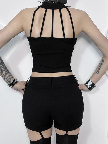 Gothic Sexy Punk Black Knit Bodycon Summer Darkness Harajuku Sleeveless Halter Crop Top