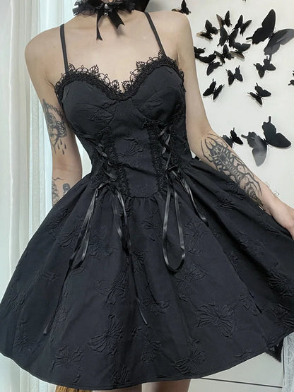 Goth Print Rose Lace Up A Line Fairy Grunge Backless V Neck Summer Party Dress